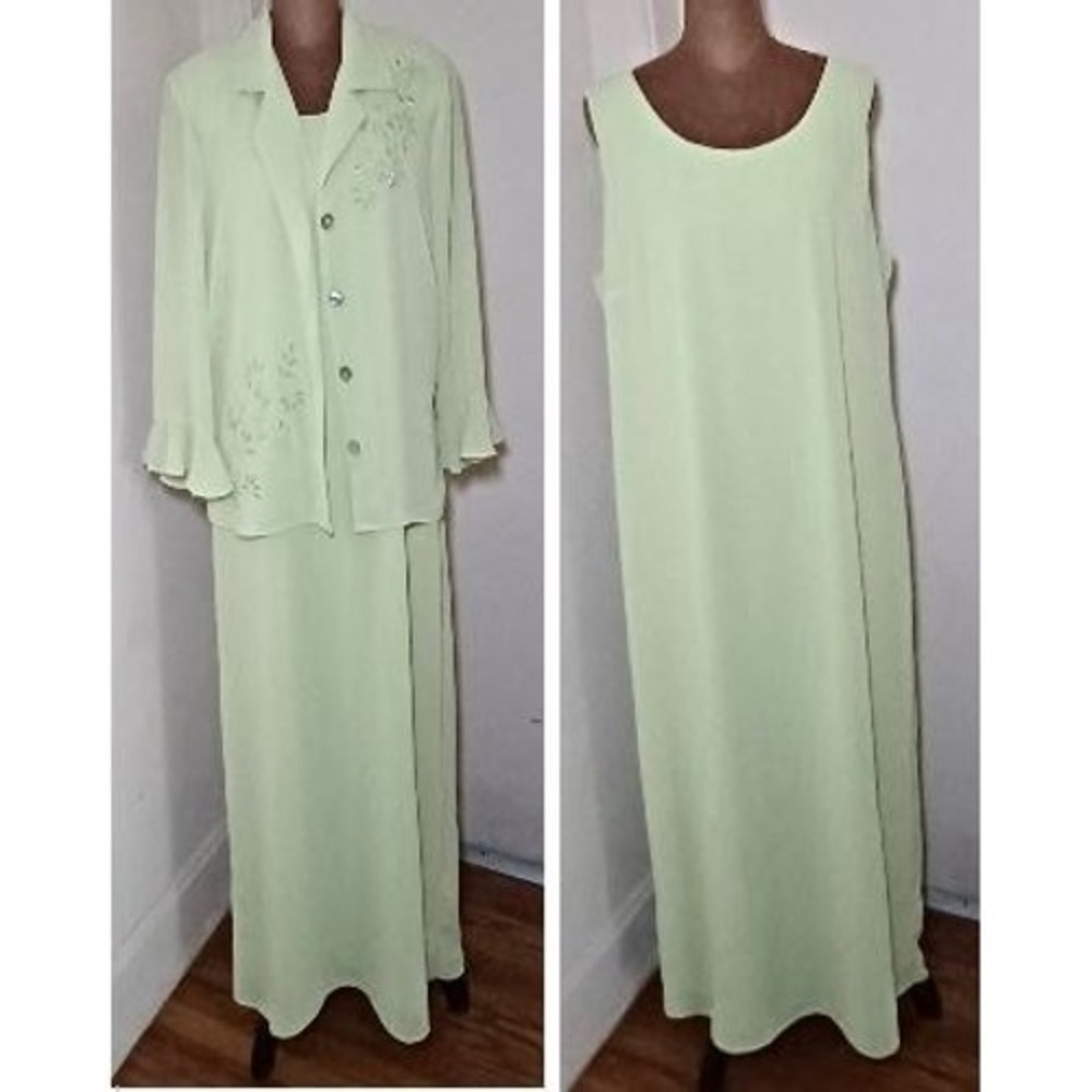 Studio I Dress Jacket Set Womens 16 Lime Green Embroidered Ruffle 2 Piece Maxi